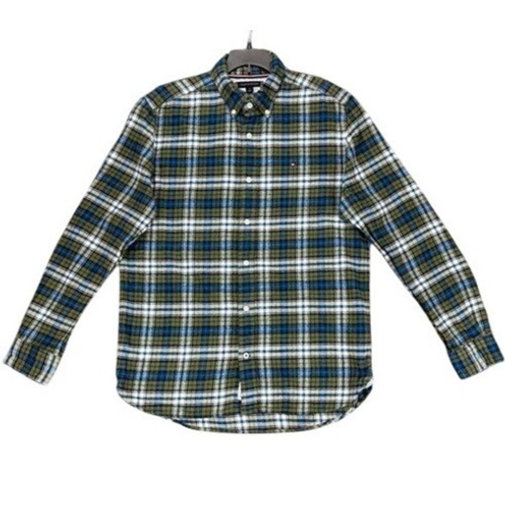 Tommy Hilfiger Regular Fit Plaid Mens Size M Green Blue Cotton Button Down Shirt